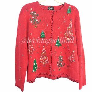Designer Studios Original Christmas Tree Ugly Christmas Sweater Cardigan EUC L